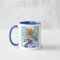 Mug au design personnalisé, nouvelle collection série d'animation Manga : les chevaliers du Zodiaque. Le chevalier de Bronze du Zodiaque, du Cygne au verso et au recto. Couleur blanc et bleu